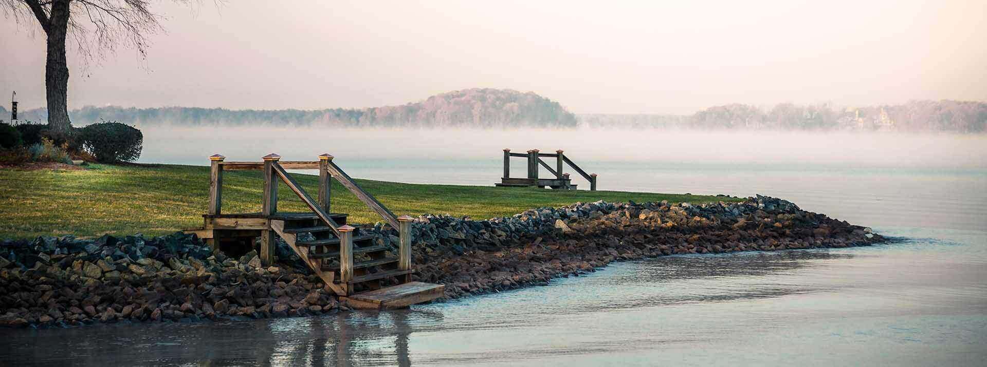 Fog over Lake Norman, North Carolina at sunrise.