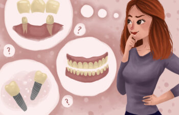 woman considering dental bridges, dentures, and dental implants for missing teeth replacement
